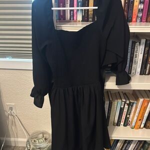 Classic Black Square-Neck Puff Sleeve Midi Dress